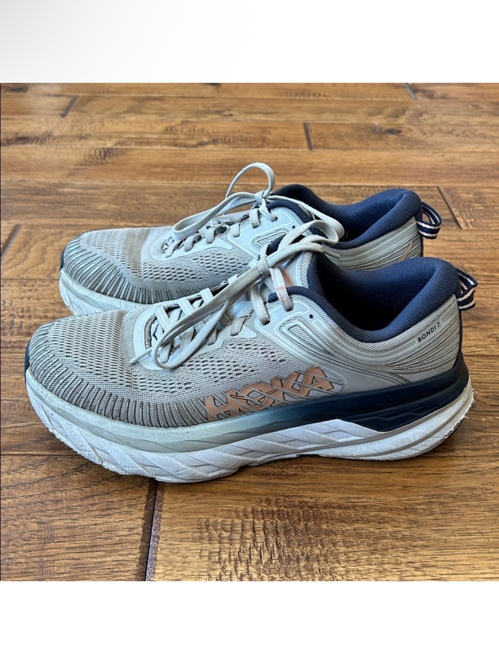Hoka One One Women's Running Shoes in Light Gray, Navy, and Coral Accent - Picture 7 of 11